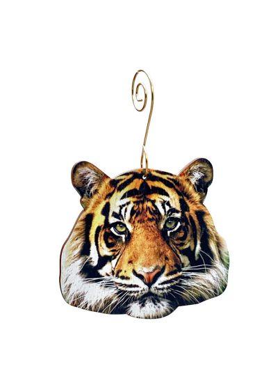 Tiger Ornament #9913 made from eco-friendly birch wood or recycled paper, featuring a glossy finish and intricate laser-cut design.