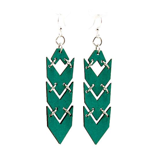 A pair of Tight Chevron Earrings #1581 made from sustainably sourced wood, featuring a modern chevron design in vibrant colors with hypoallergenic stainless steel ear wires.