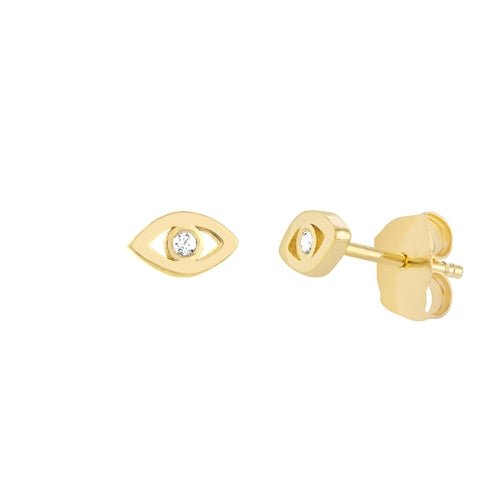 Tiny Evil Eye Stud Earrings made of 14k yellow gold with a diamond center, showcasing a chic and protective design.