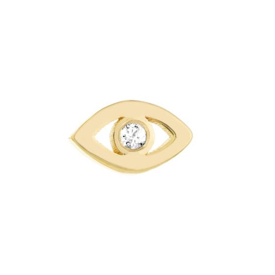 Tiny Evil Eye Stud Earrings made of 14k yellow gold with a diamond center, showcasing a chic and protective design.