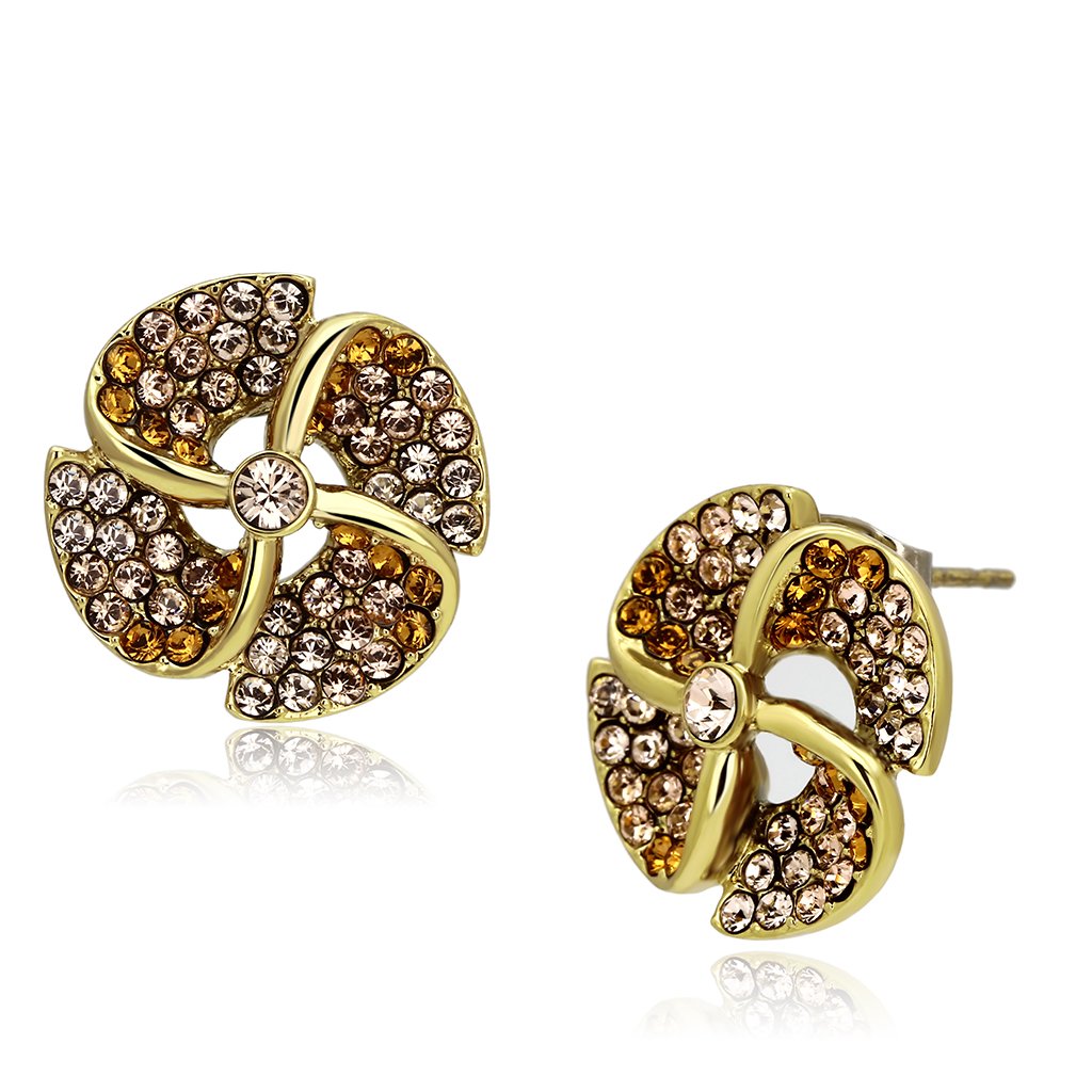 TK1040 IP Gold Stainless Steel earrings featuring multi-color top-grade crystals, showcasing a luxurious design.