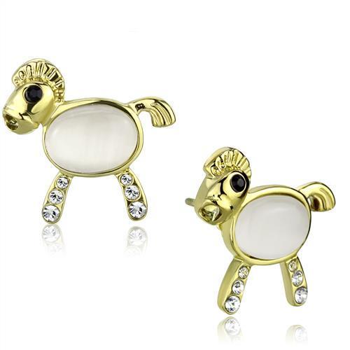 TK2152 IP Gold Stainless Steel earrings featuring white synthetic cat eye stones, elegantly designed for any occasion.