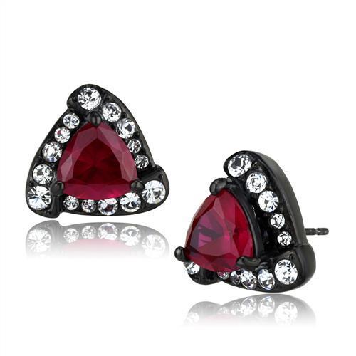 TK2272 IP Black Stainless Steel earrings featuring AAA Grade CZ stones in ruby color, showcasing a sleek and elegant design.