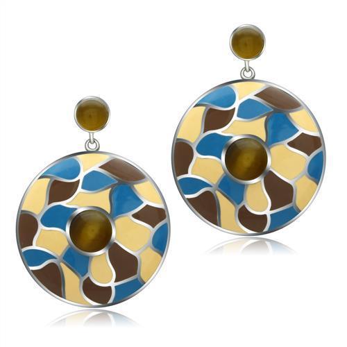 TK281 High Polished Stainless Steel Earrings featuring brown synthetic Cat Eye stones, elegantly designed for comfort and style.