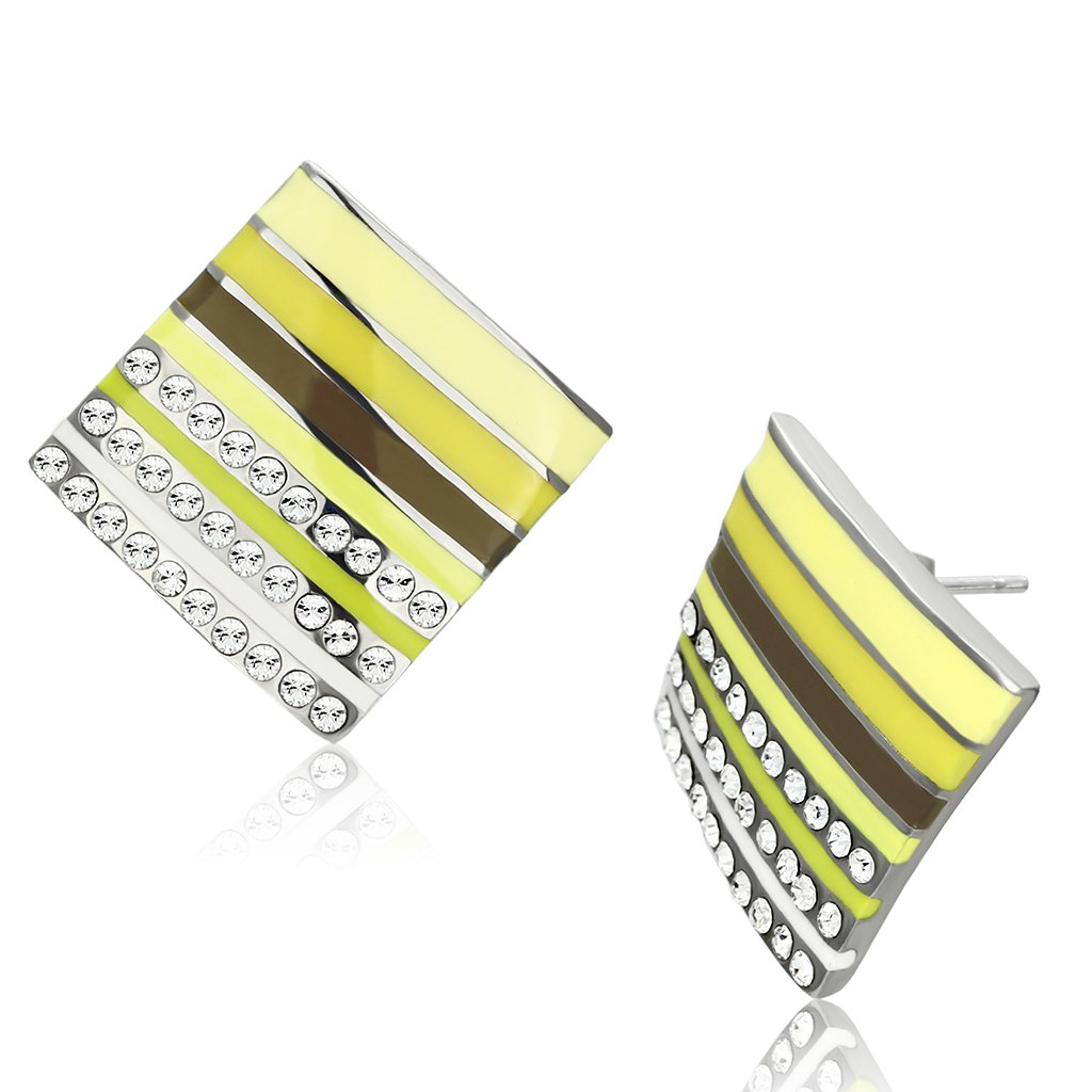 TK909 High Polished Stainless Steel Earrings with clear crystal accents, showcasing a shiny and elegant design.