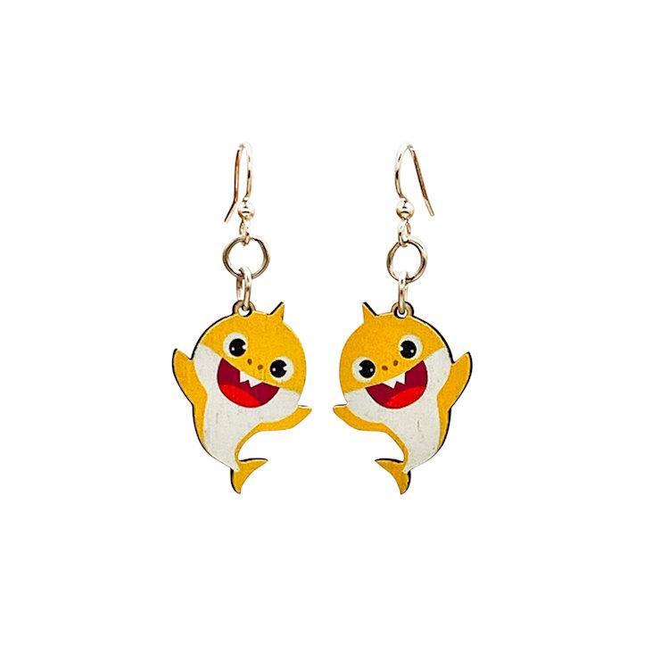 Toddler Shark Earrings made from sustainably sourced wood, featuring a vibrant shark design and hypoallergenic silver-finished ear wires.