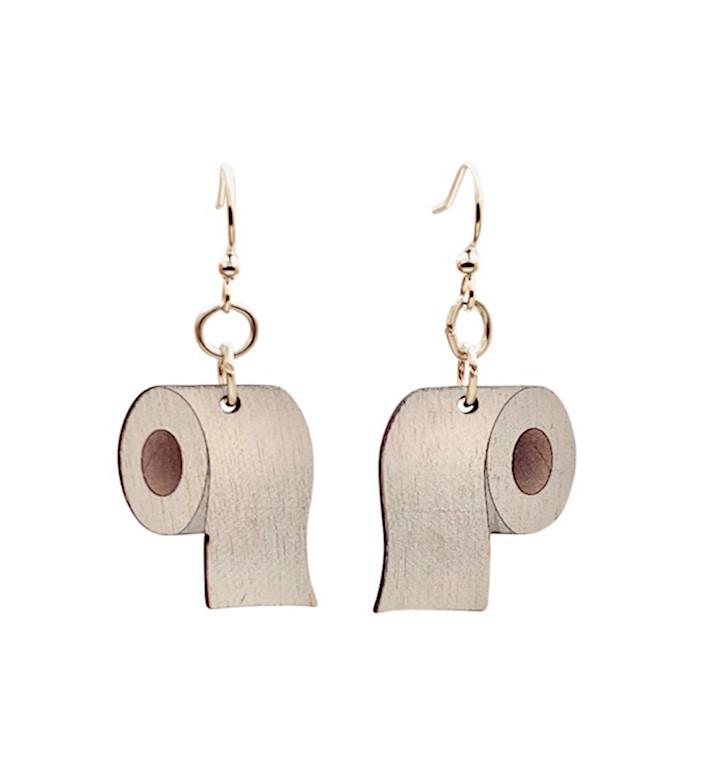 A pair of quirky Toilet Paper Roll Earrings made from sustainably sourced wood, featuring a playful design with a natural wood back.