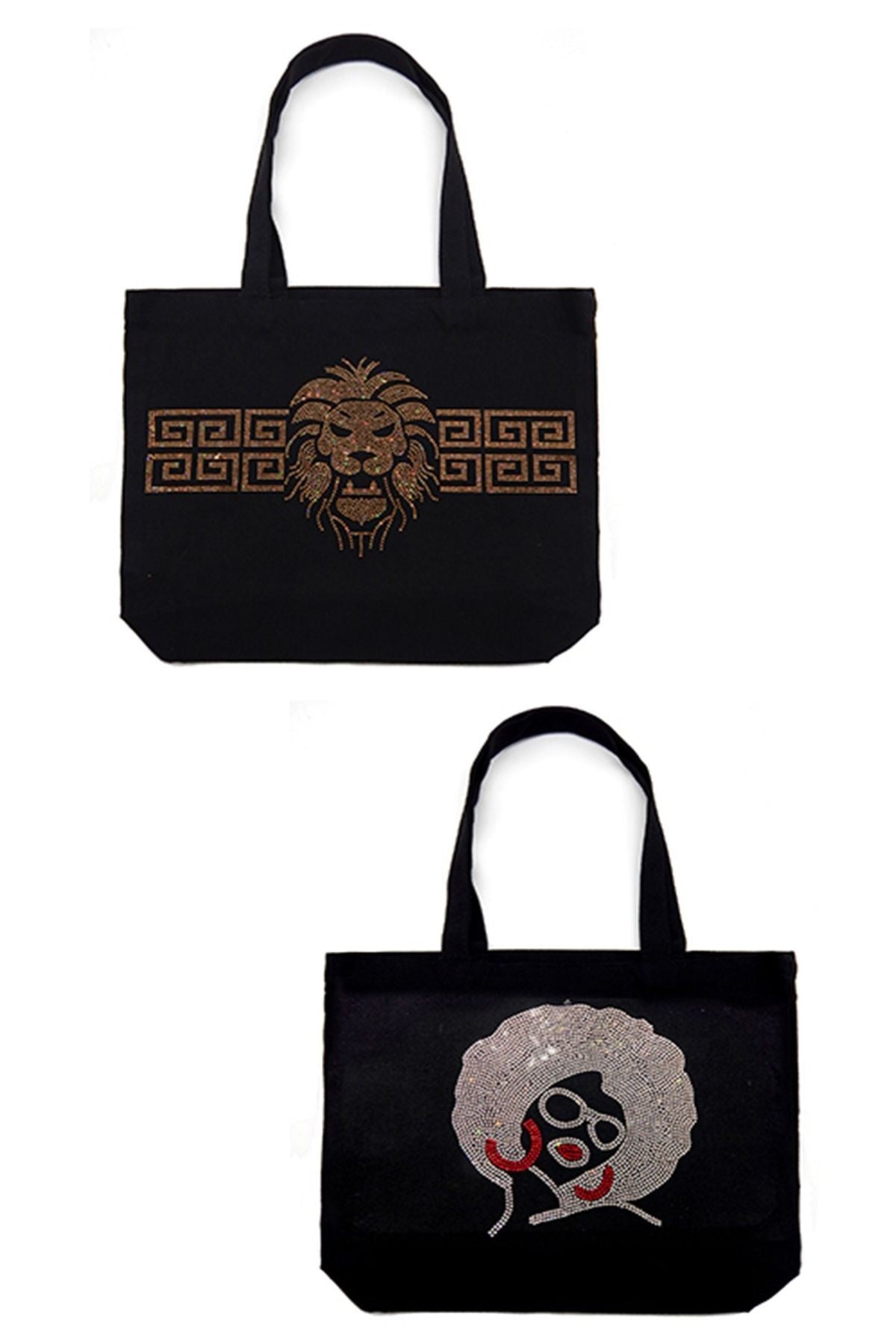 Stylish tote bag featuring a hotfix rhinestone graphic design, perfect for fashion-forward individuals.