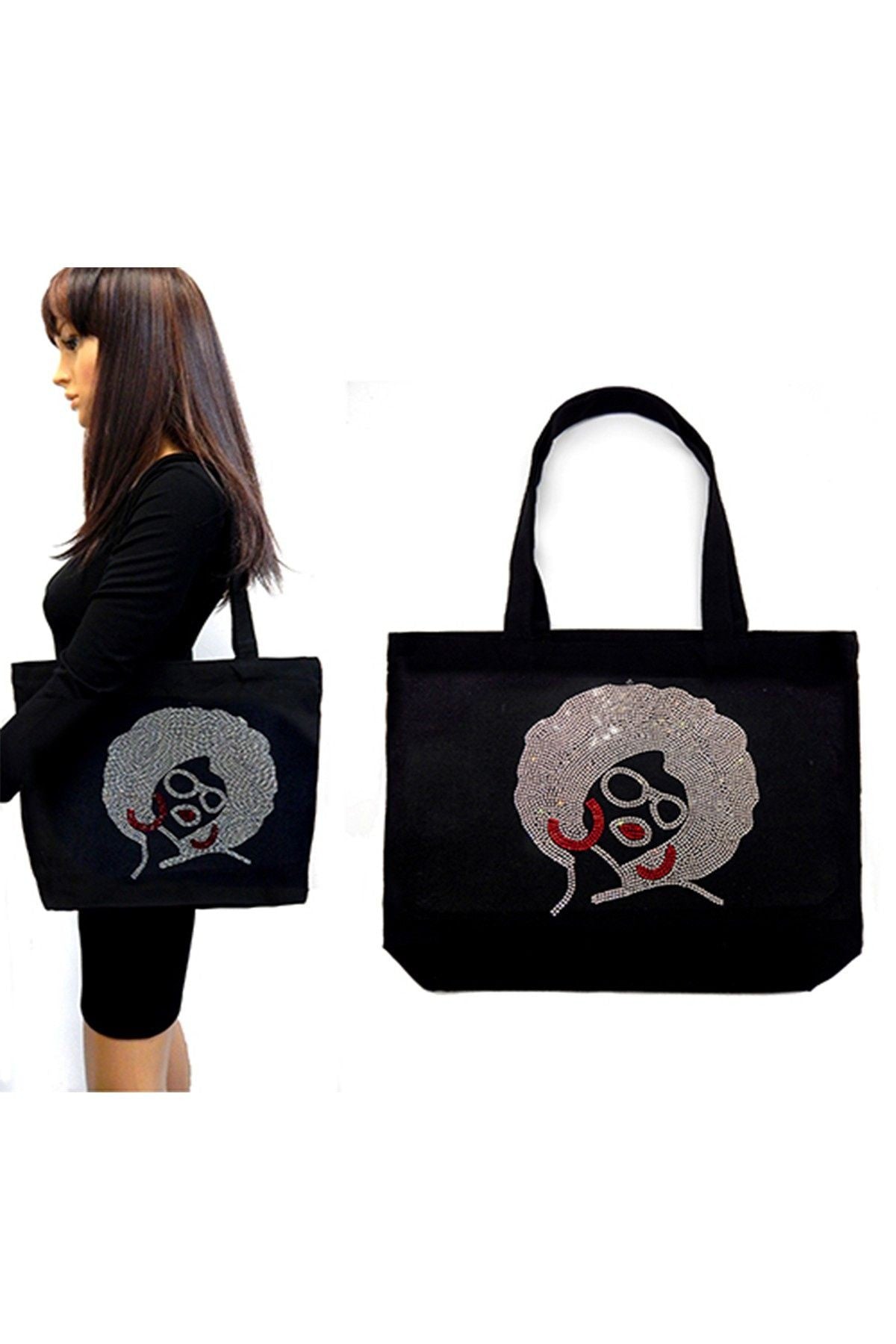 Stylish tote bag featuring a hotfix rhinestone graphic design, perfect for fashion-forward individuals.