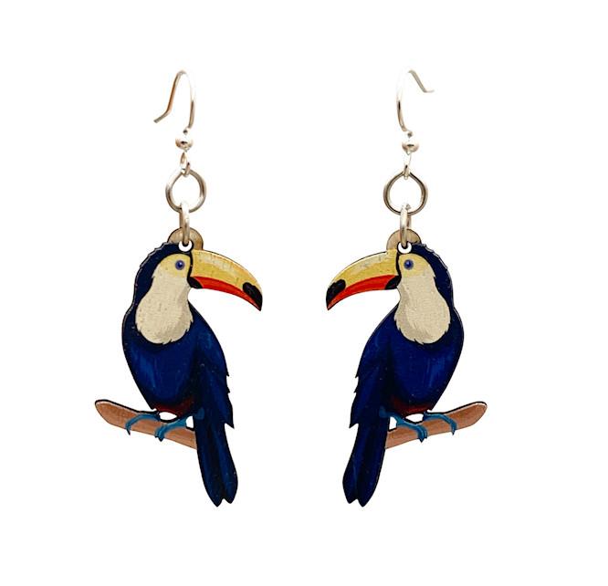 A pair of stylish Toucan Earrings made from sustainably sourced wood, featuring a vibrant toucan design on the front and a natural wood back.