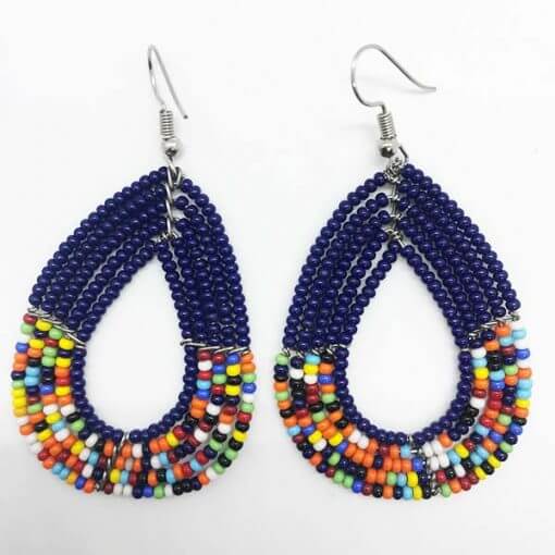 Traditional Maasai beaded blue earrings, handcrafted with vibrant African seed beads in an elegant oval shape.