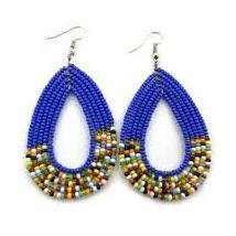 Traditional Maasai beaded blue earrings, handcrafted with vibrant African seed beads in an elegant oval shape.