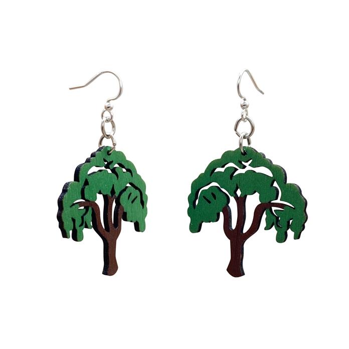 A pair of Tree of Life Earrings made from sustainably sourced wood, featuring a laser-cut design with a natural wood back and silver-finished stainless steel ear wires.