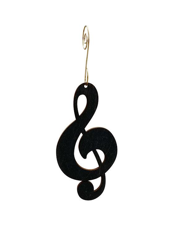 Treble Clef Ornament #9973 made from eco-friendly birch wood, featuring intricate laser-cut design and stained with water-based dye.