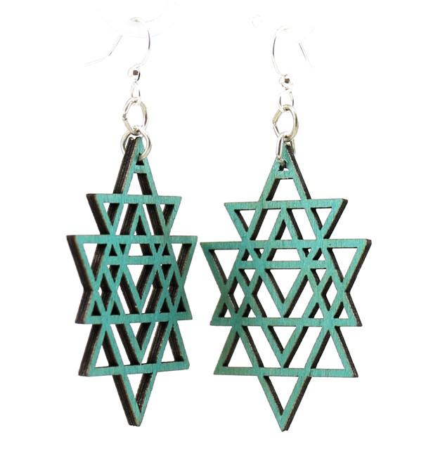 Triangled Earrings #1598 made from sustainably sourced wood, featuring silver-finished stainless steel ear wires in Aqua Marine color.