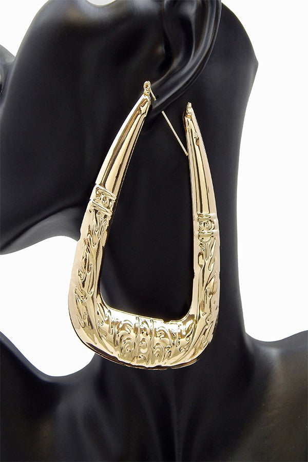 A pair of stylish triangular bamboo hoop earrings, lightweight and featuring a secure lever back closure.