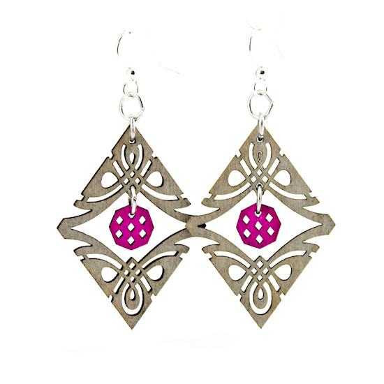 Tribal Charm Earrings #1203 featuring laser-cut wood design in Gray and Fuschia colors with hypoallergenic stainless steel ear wires.