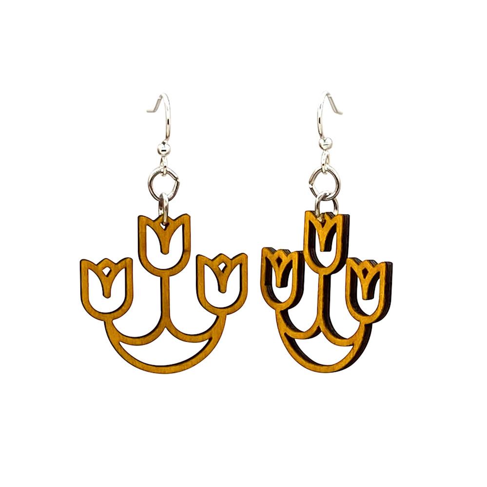 Elegant Tulip Chandelier Earrings made from sustainably sourced wood, featuring a laser-cut design in tan color with hypoallergenic silver-finished ear wires.