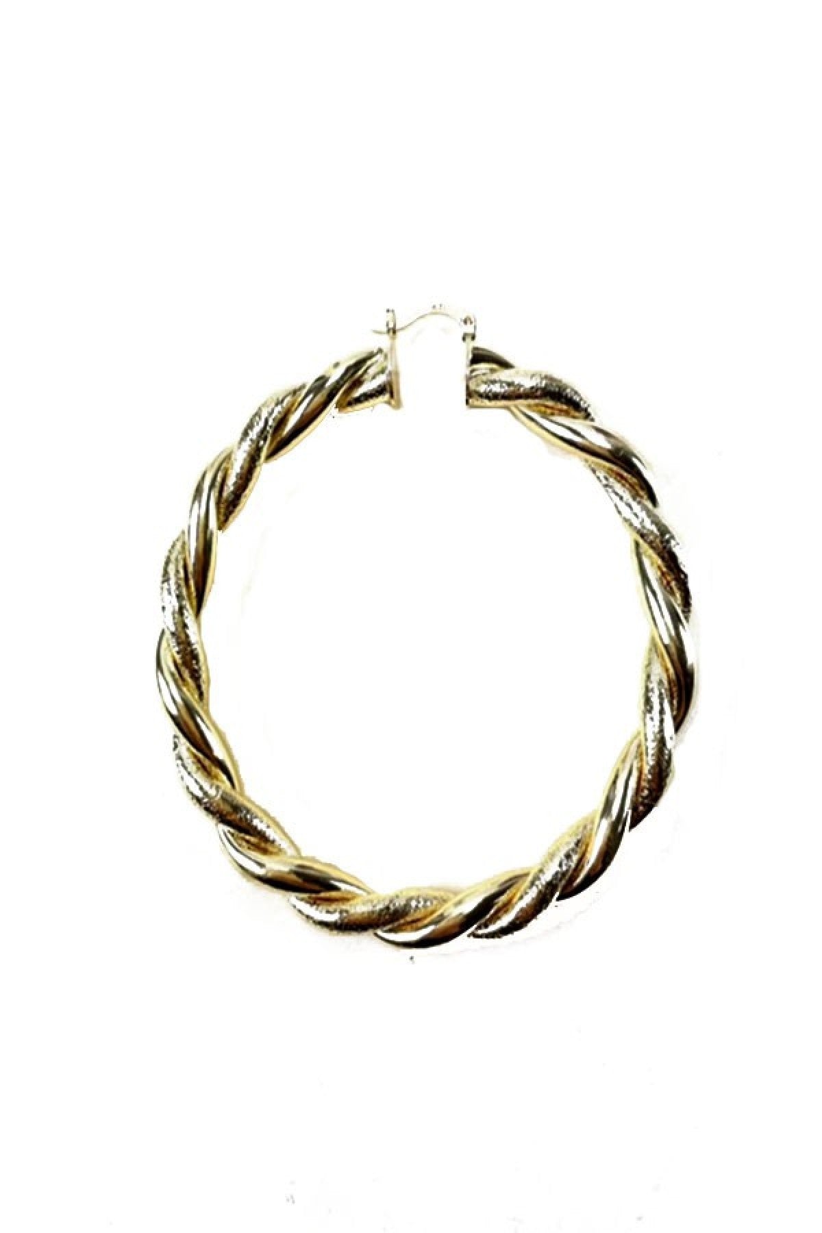 High-polished twisted hoop earrings with omega closure, approximately 3.5 inches drop, suitable for sensitive skin.