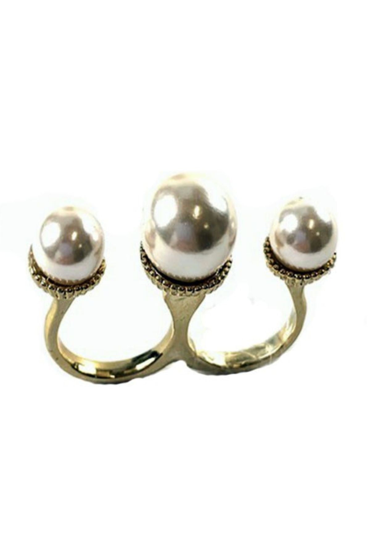 A stylish two finger ring adorned with elegant pearls, featuring a double plated finish and adjustable sizing for a perfect fit.