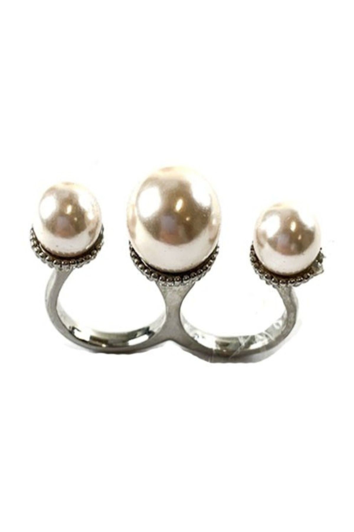 A stylish two finger ring adorned with elegant pearls, featuring a double plated finish and adjustable sizing for a perfect fit.