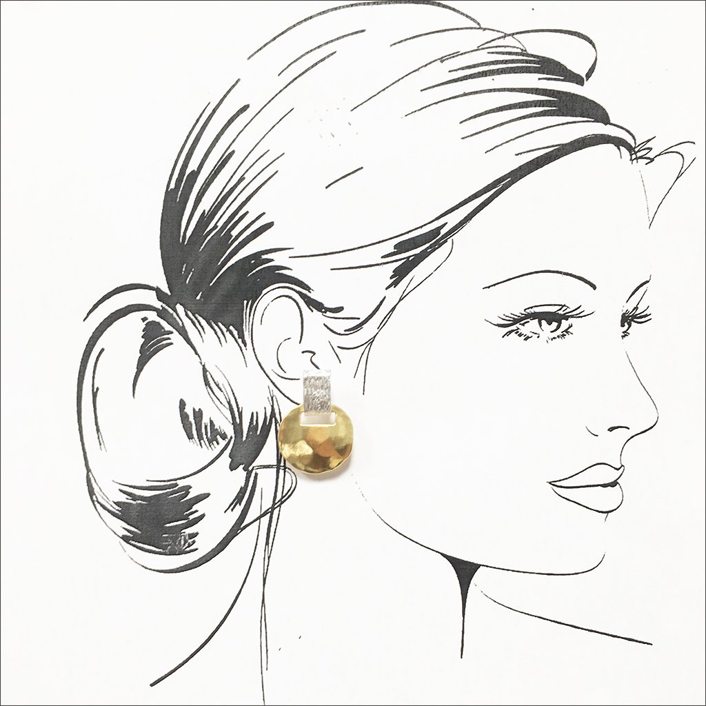 Two tone short drop clip earrings featuring a hammered coin and brushed rectangular stud in mixed metals.