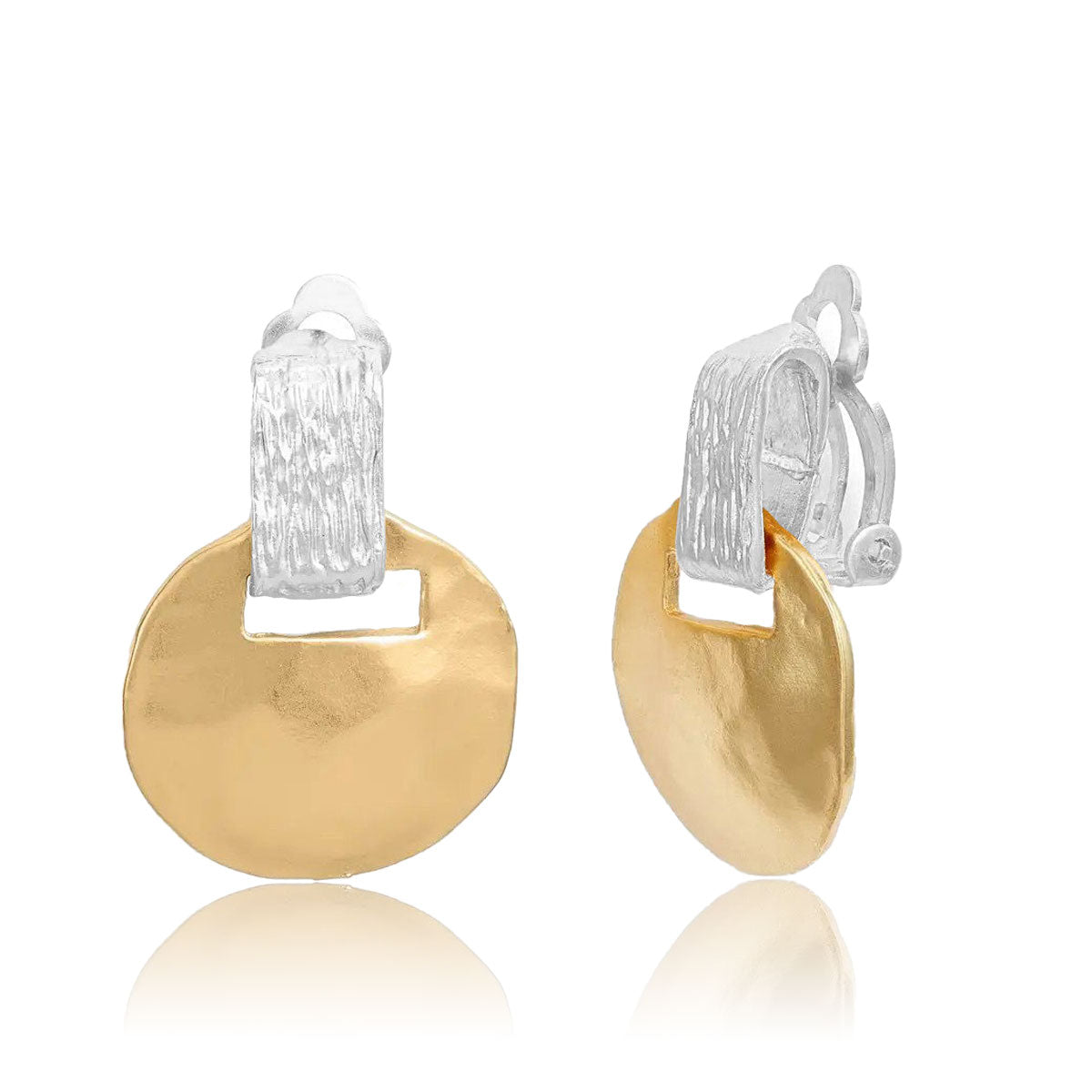 Two tone short drop clip earrings featuring a hammered coin and brushed rectangular stud in mixed metals.