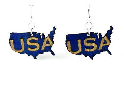 A pair of USA Country Earrings made from sustainably sourced wood, featuring a laser-cut design and silver-finished stainless steel ear wires.