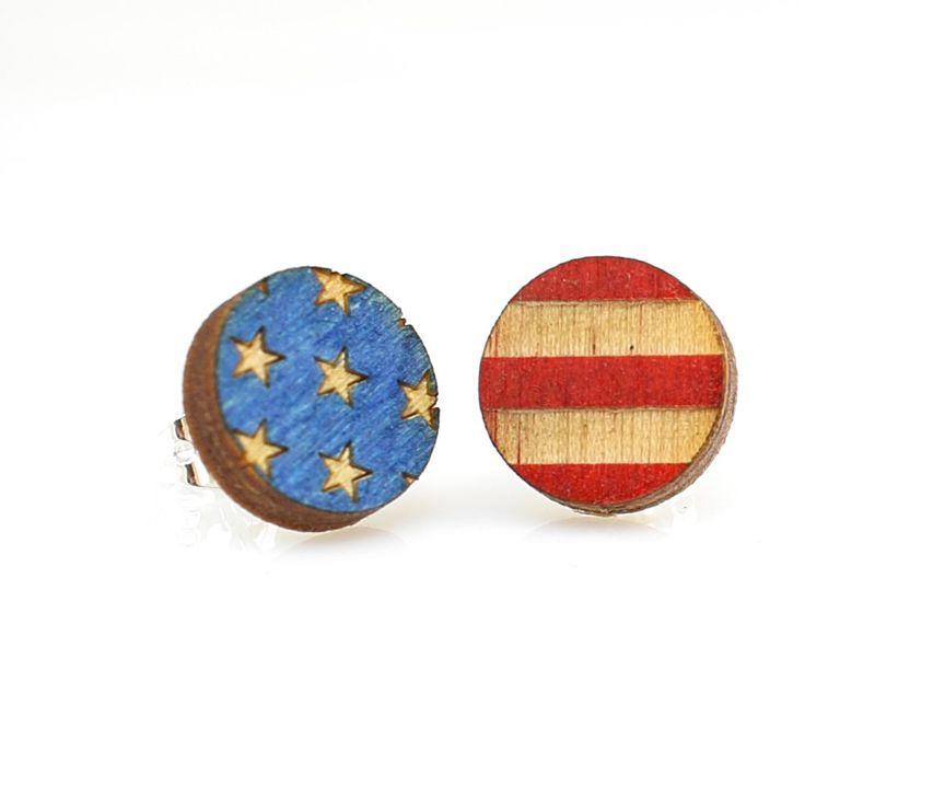 USA Flag Stud Earrings made from lightweight laser-cut wood, featuring a vibrant flag design, hypoallergenic silver plated brass ear studs.