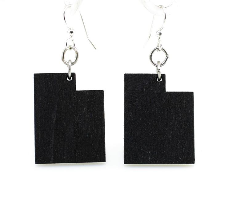 Utah State Earrings - S044 made from lightweight laser-cut wood, featuring hypoallergenic stainless steel ear wires in elegant black color.