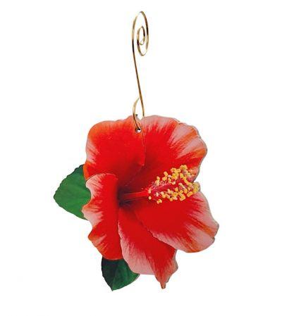 Vibrant Hibiscus Ornament #9883 made from eco-friendly birch wood and recycled paper, showcasing a colorful hibiscus design.