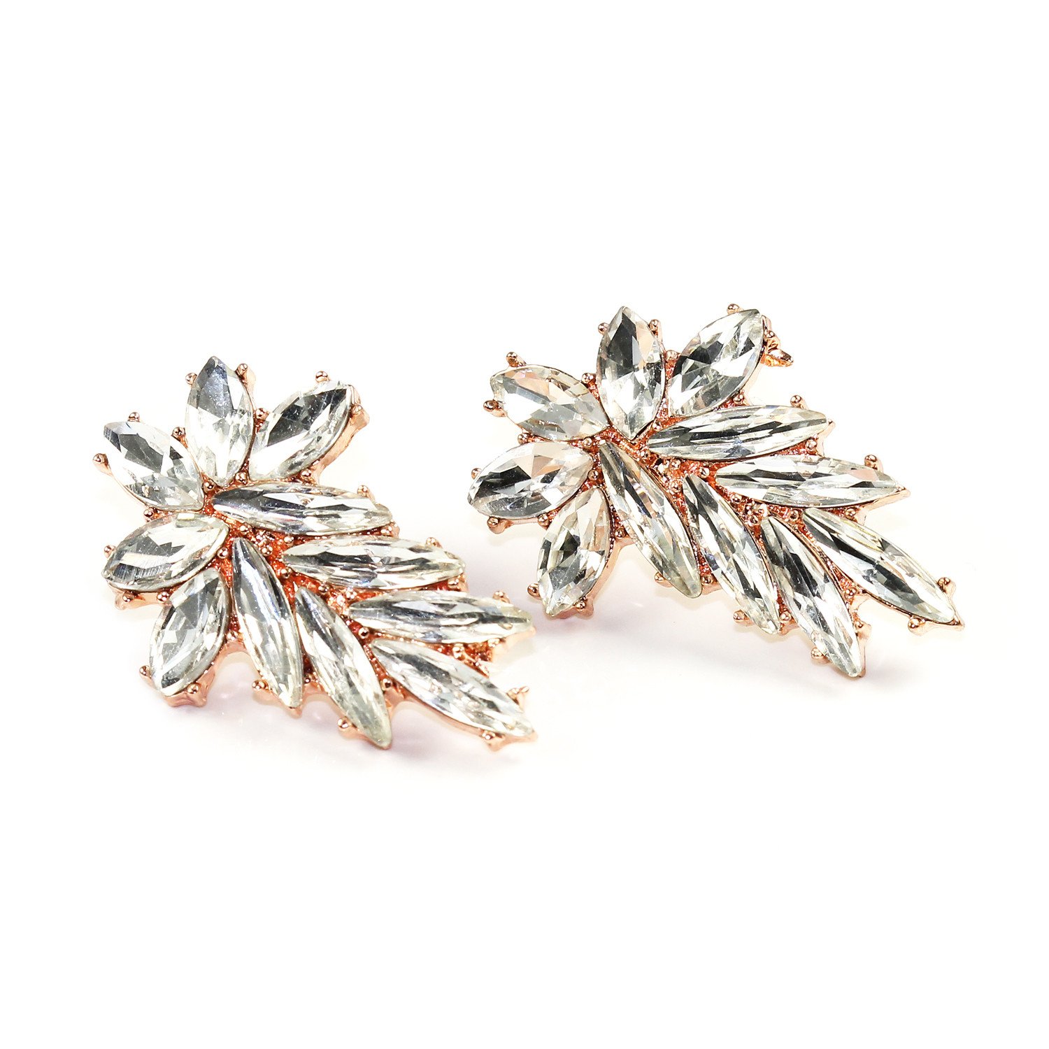 A pair of elegant Vine Studs earrings featuring a curved vine design encrusted with sparkling glass crystals in silver and rose gold tones.