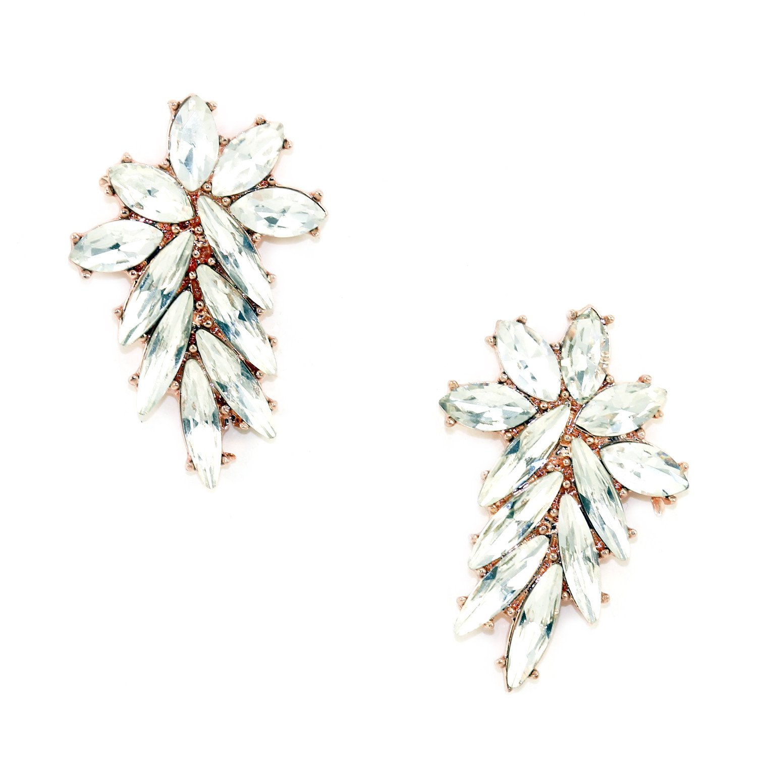 A pair of elegant Vine Studs earrings featuring a curved vine design encrusted with sparkling glass crystals in silver and rose gold tones.