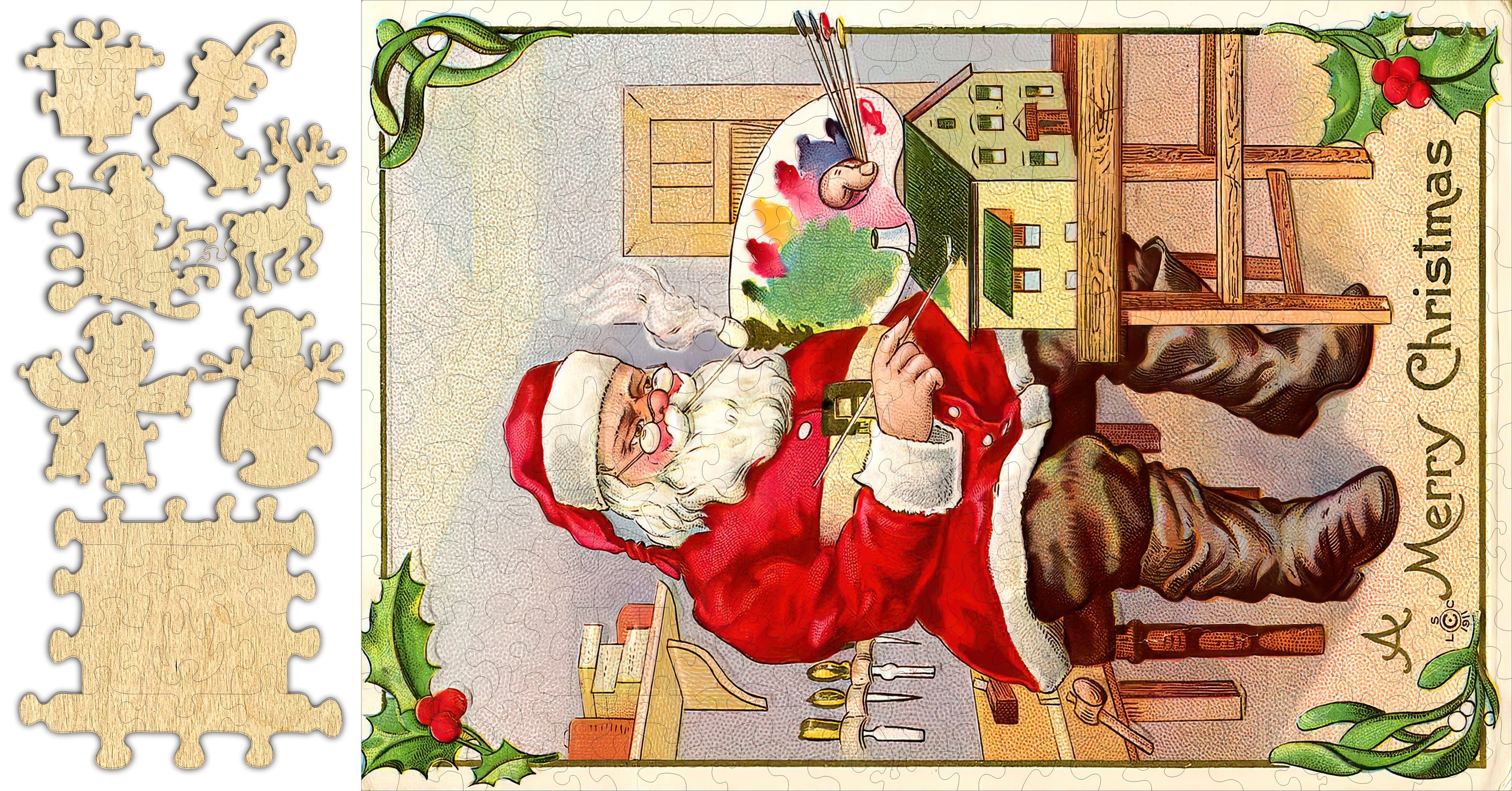 Vintage Artsy Santa Whimsical Puzzle featuring vibrant colors and intricate designs, made from eco-friendly materials.