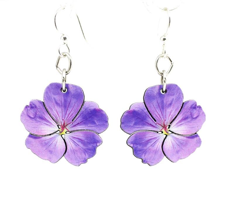 Vibrant violet flower earrings made from sustainable wood with silver-finished hypoallergenic ear wires, showcasing a beautiful floral design.