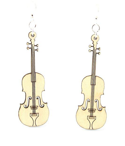 Violin Earrings #1005 made from sustainably sourced wood, featuring a laser-cut design and silver-finished hypoallergenic ear wires.