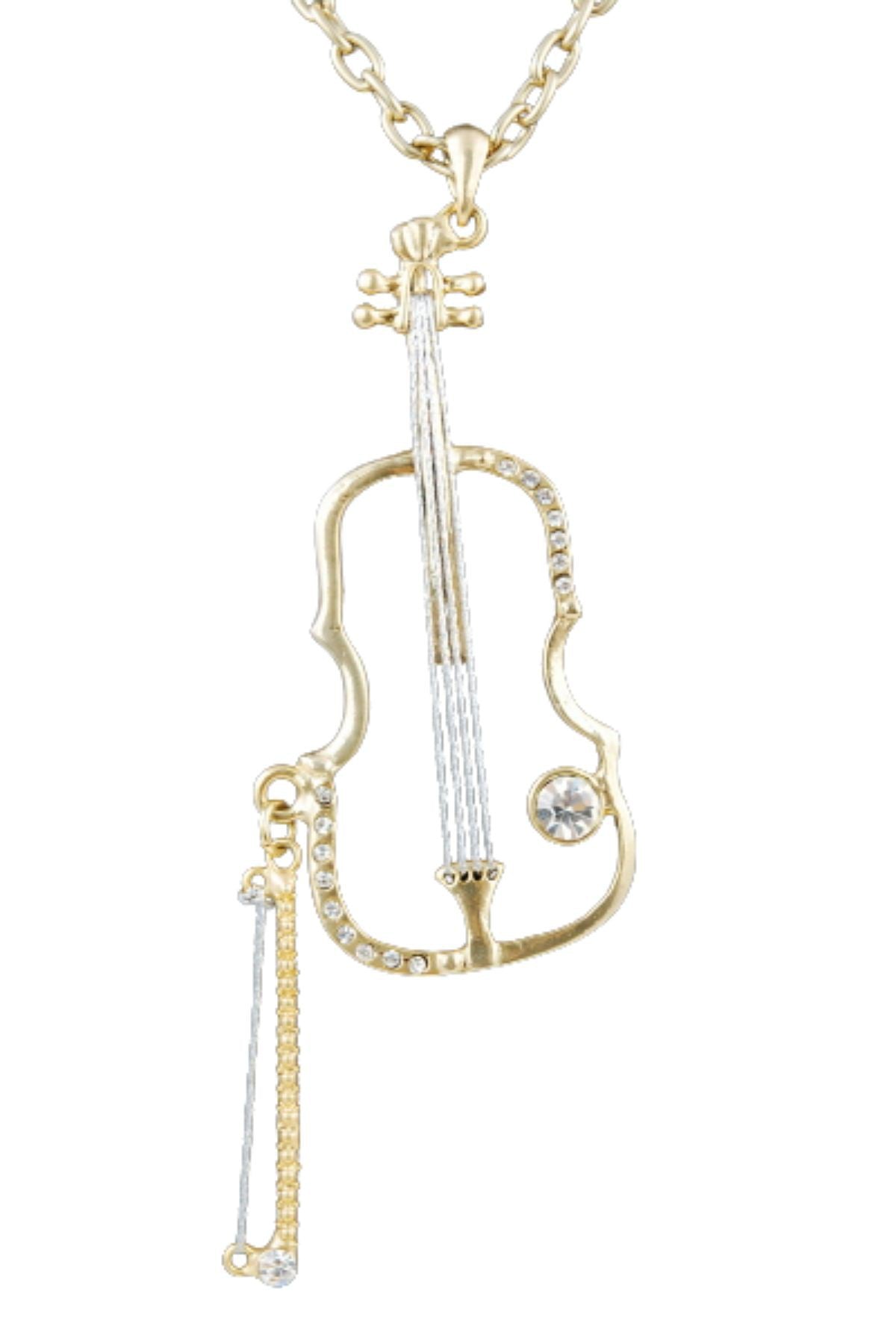 Elegant Violin pendant necklace with a 27-inch chain, double plated for durability, featuring a detailed violin design.