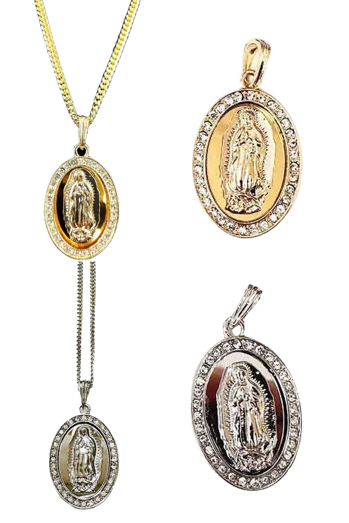 Crystal Virgen of Guadalupe Medal Pendant Necklace with a 30-inch chain, featuring intricate details and a lobster claw clasp.