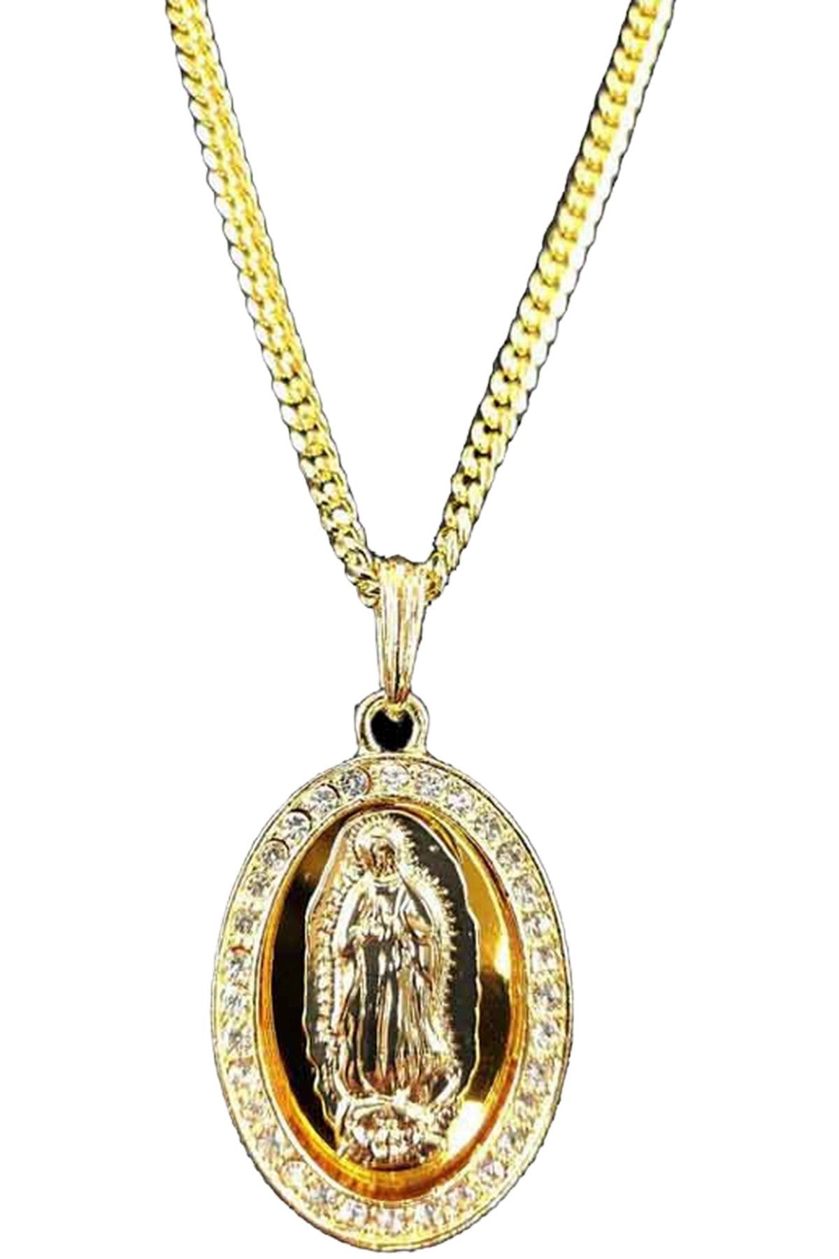 Crystal Virgen of Guadalupe Medal Pendant Necklace with a 30-inch chain, featuring intricate details and a lobster claw clasp.