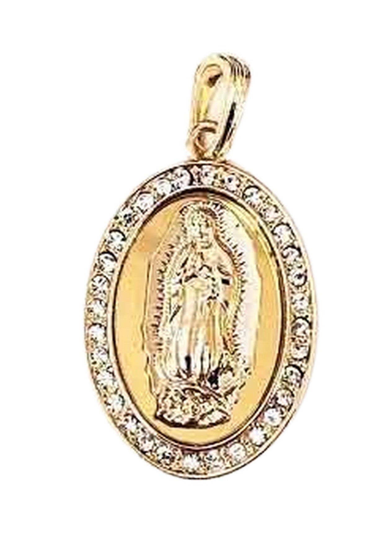 Crystal Virgen of Guadalupe Medal Pendant Necklace with a 30-inch chain, featuring intricate details and a lobster claw clasp.