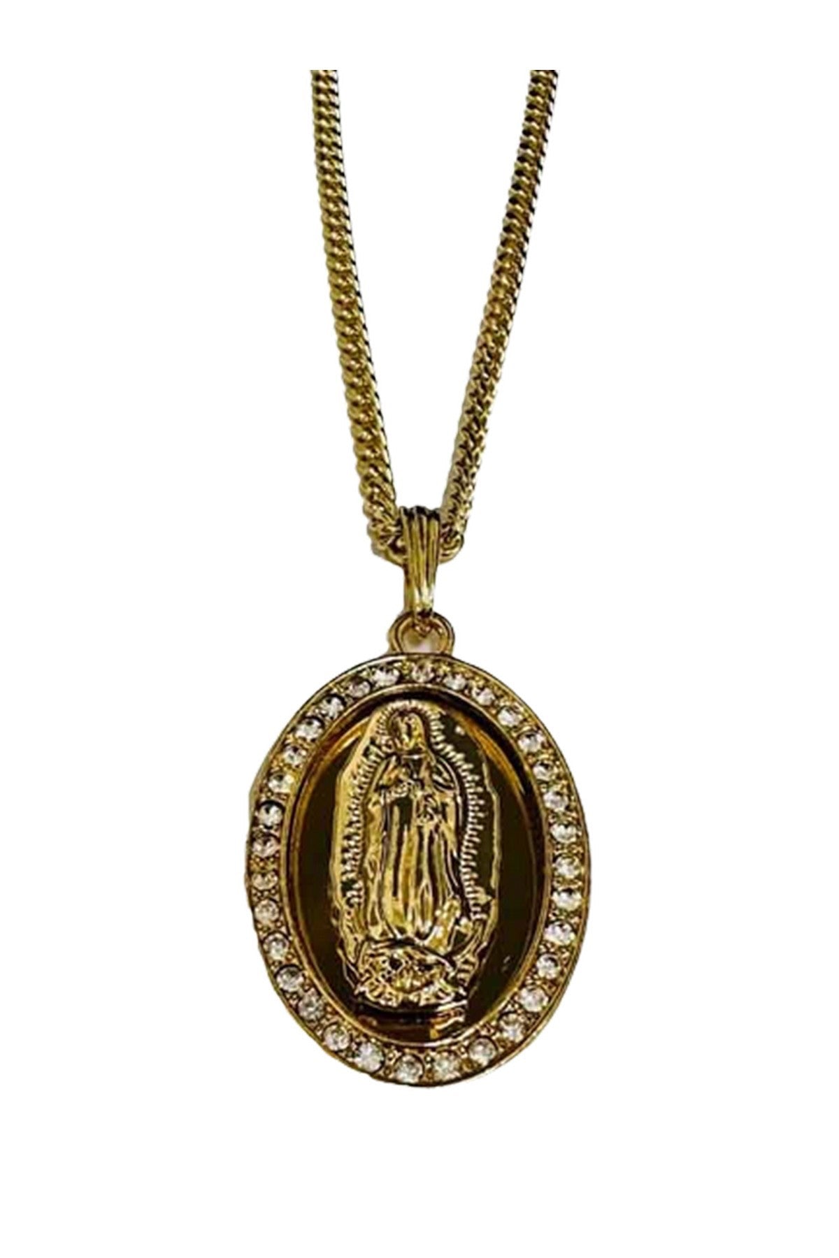 Crystal Virgen of Guadalupe Medal Pendant Necklace with a 30-inch chain, featuring intricate details and a lobster claw clasp.