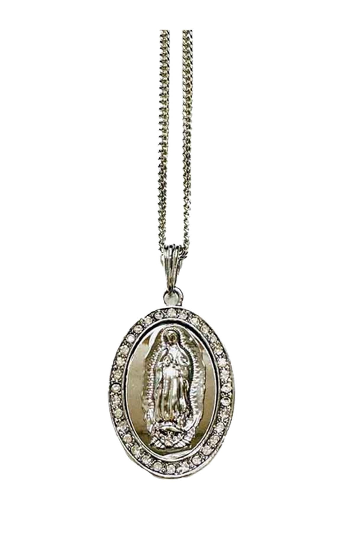 Crystal Virgen of Guadalupe Medal Pendant Necklace with a 30-inch chain, featuring intricate details and a lobster claw clasp.