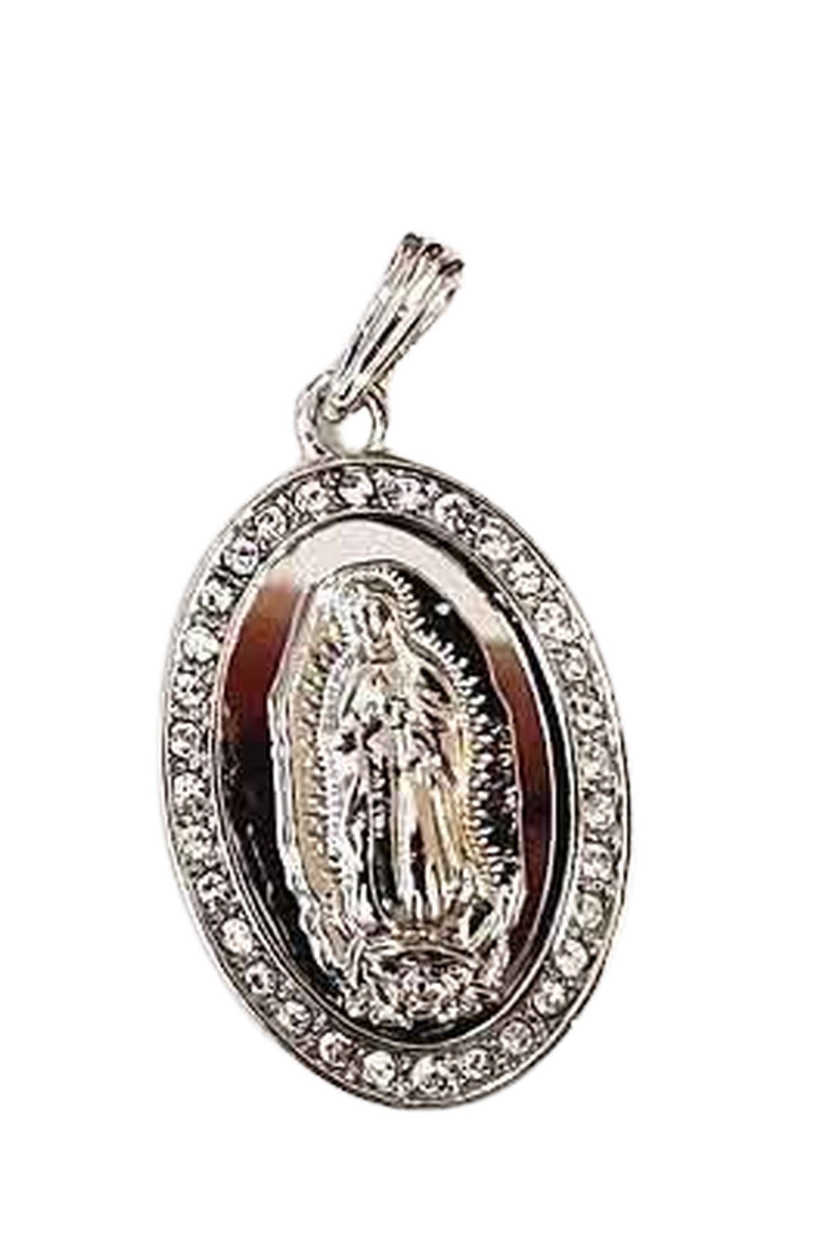 Crystal Virgen of Guadalupe Medal Pendant Necklace with a 30-inch chain, featuring intricate details and a lobster claw clasp.