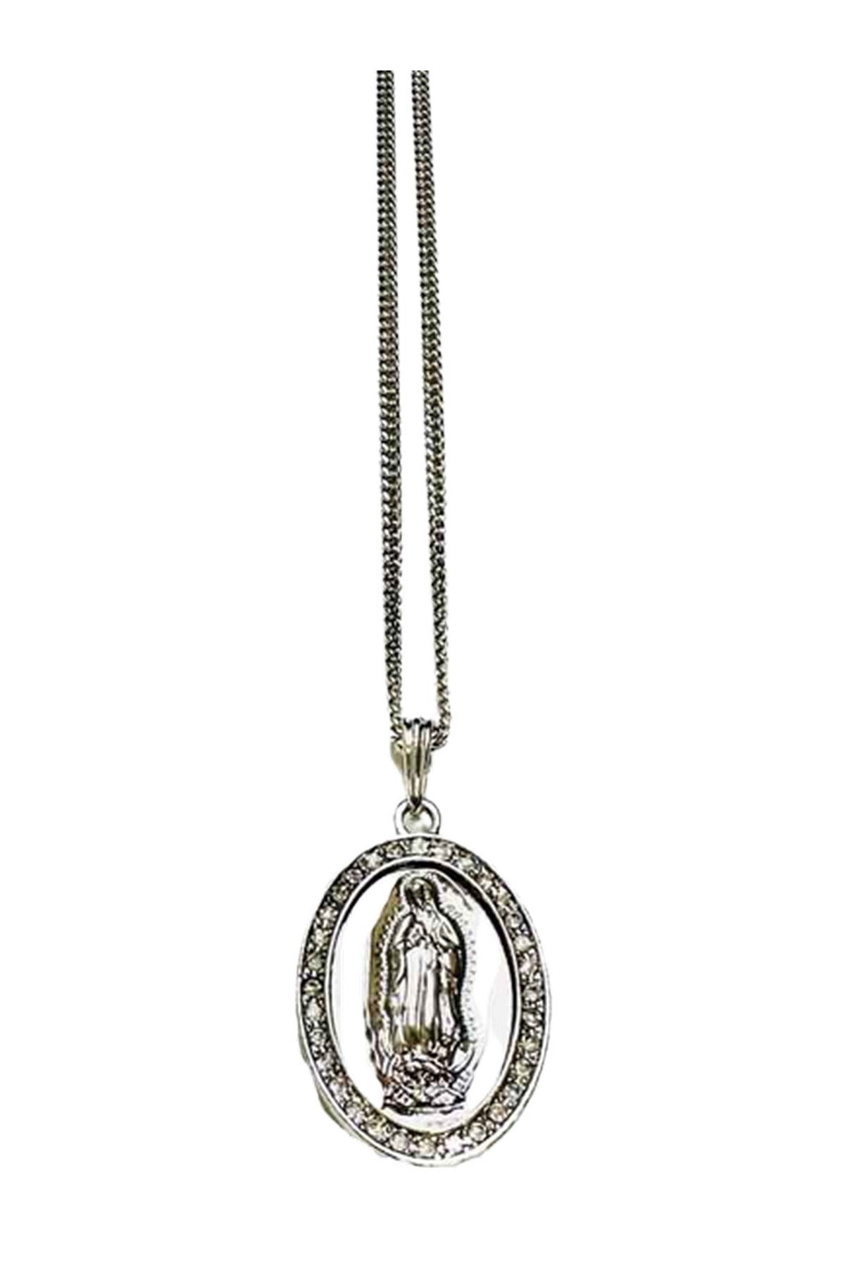 Crystal Virgen of Guadalupe Medal Pendant Necklace with a 30-inch chain, featuring intricate details and a lobster claw clasp.