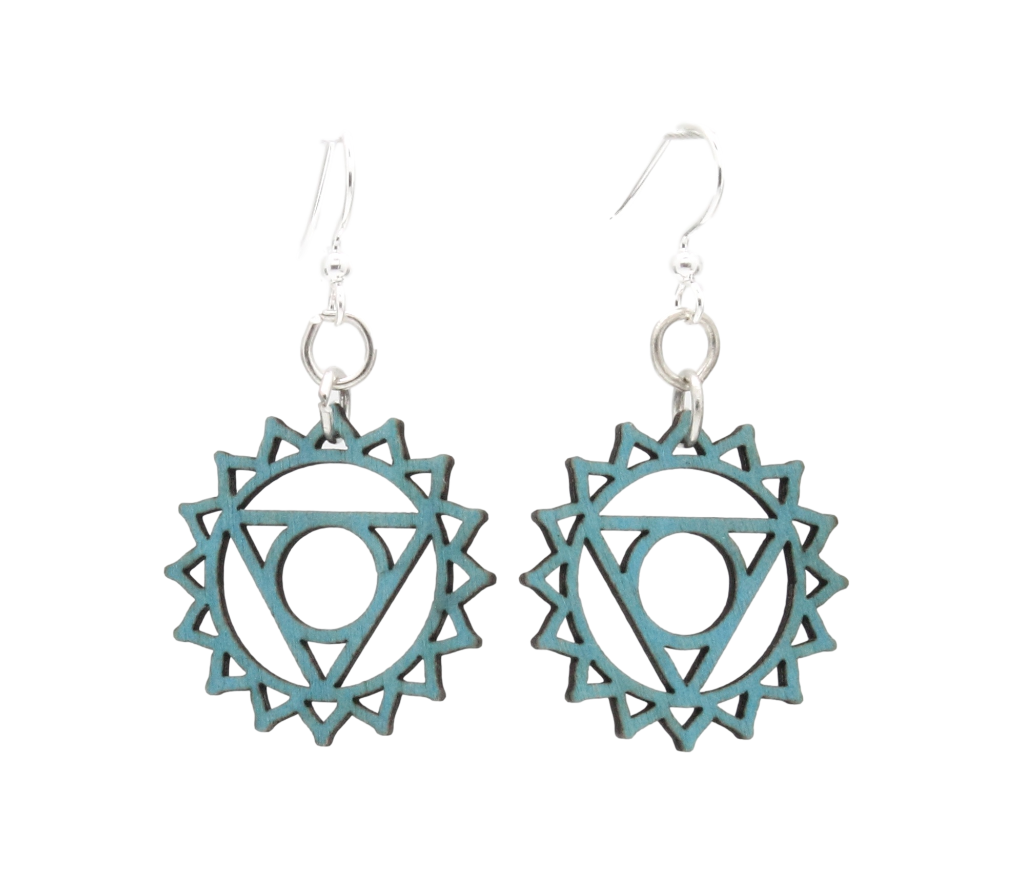 Vishuddha Chakra Earrings #1632 featuring a silver crescent and white circle design, made from sustainably sourced wood in Royal Blue color.