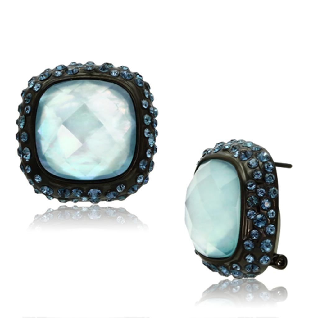 VL065 IP Black Brass Earrings featuring sea blue synthetic glass stones, elegantly designed for modern fashion.