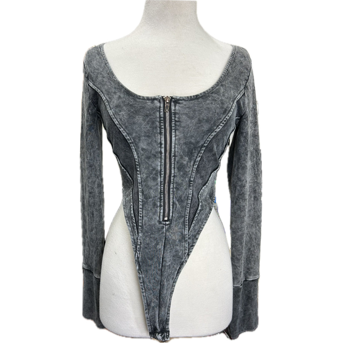 Washed Zipper Front Long Sleeve Bodysuit in a stylish design, showcasing the zipper detail and long sleeves.