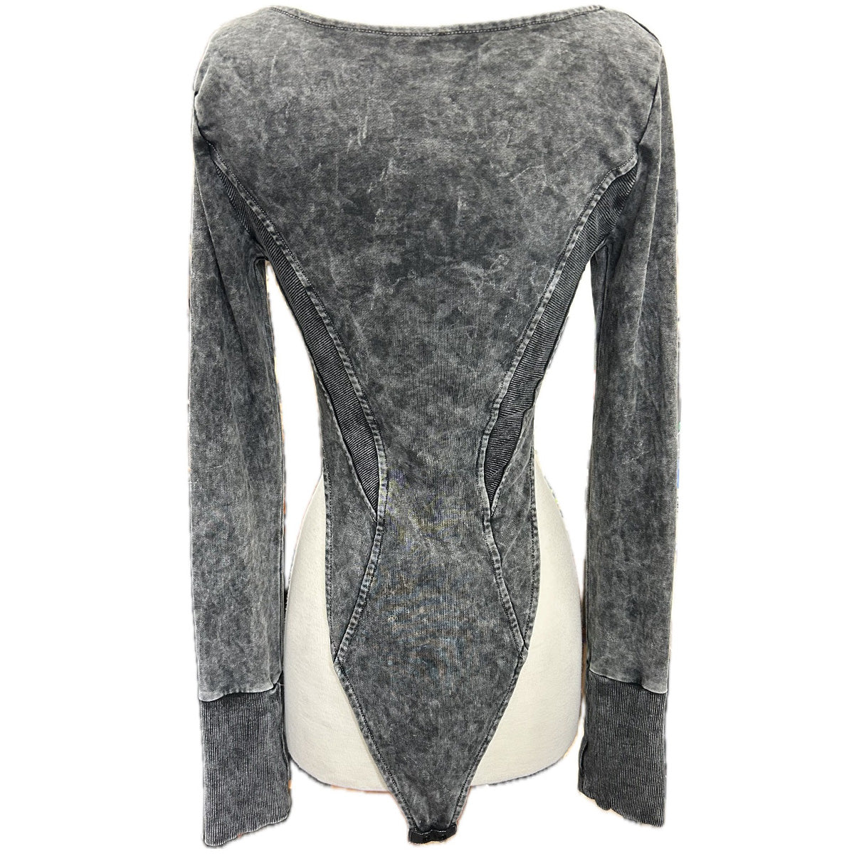 Washed Zipper Front Long Sleeve Bodysuit in a stylish design, showcasing the zipper detail and long sleeves.