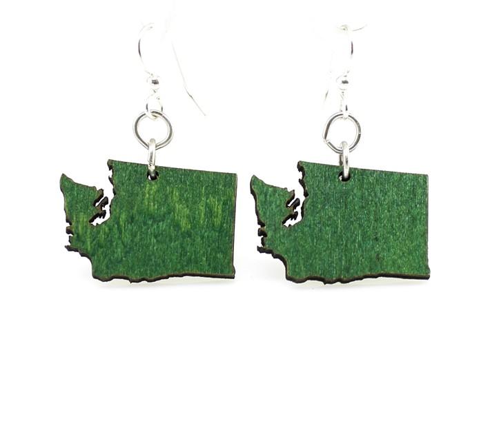 A pair of Washington State earrings made from lightweight, sustainably sourced wood, featuring a vibrant green color and silver-finished hypoallergenic ear wires.