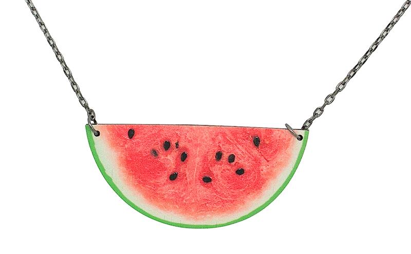 Colorful watermelon necklace with a stainless steel chain, featuring a laser-cut wooden design.